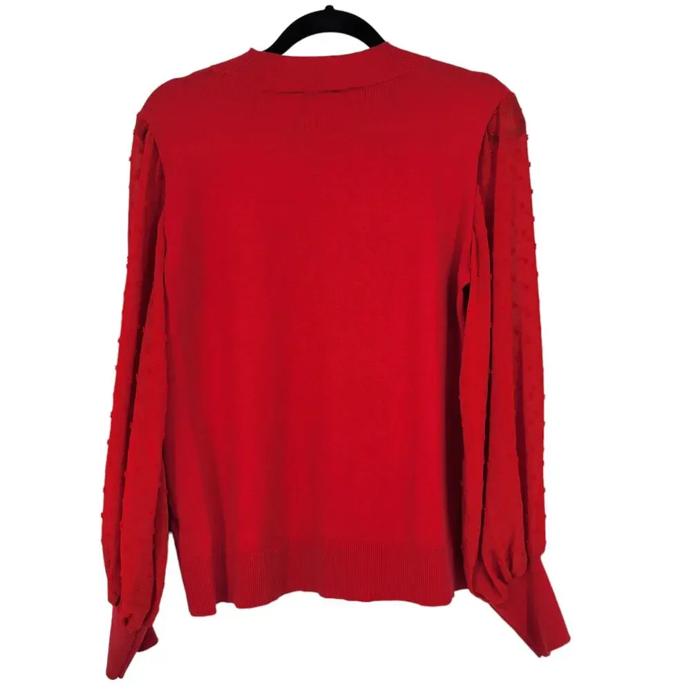 Cece Women's Red Mock Neck Clip Dot Sheer Long Sleeve Sweater Top Size Medium